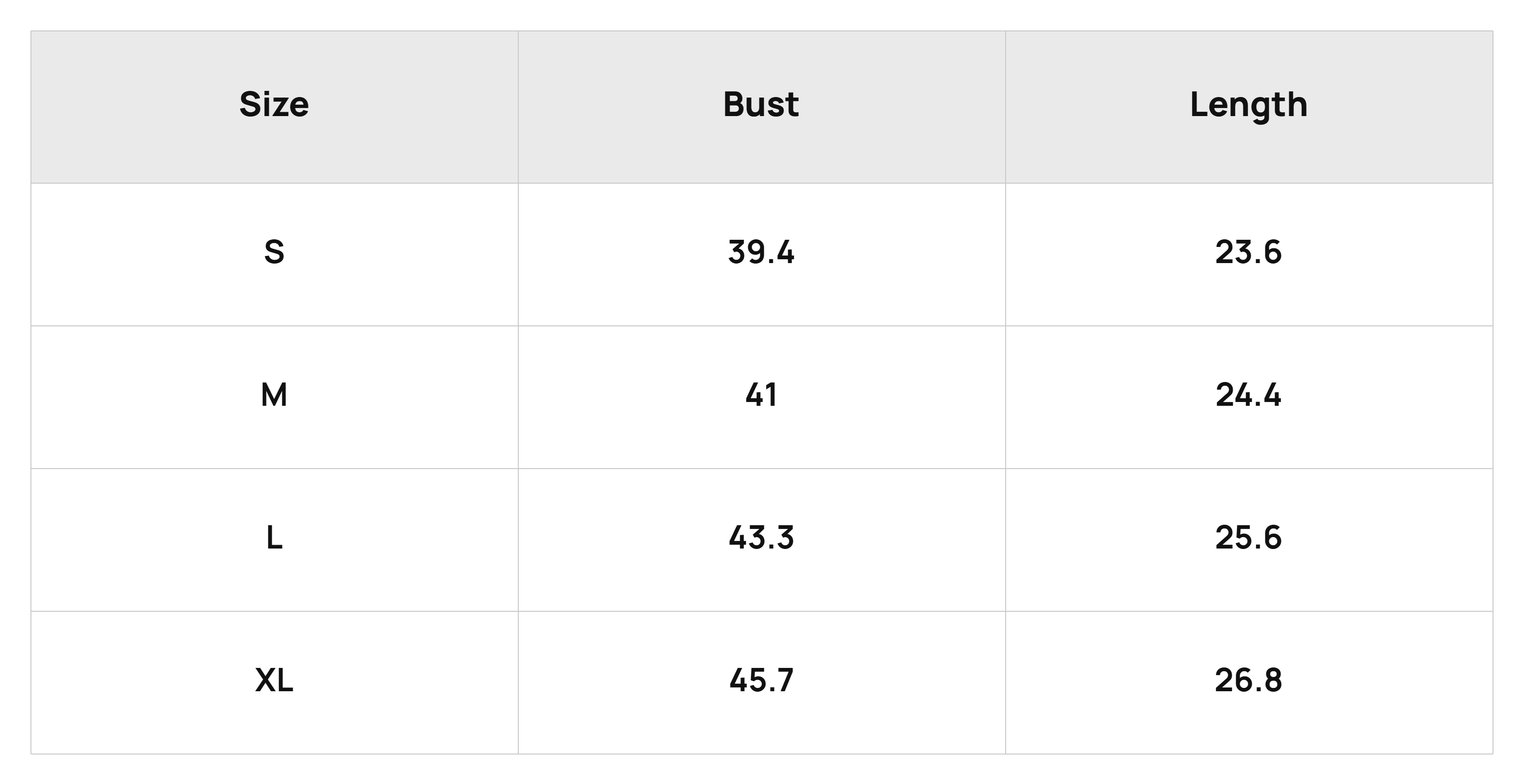 Size Chart Tops Product Size Chart