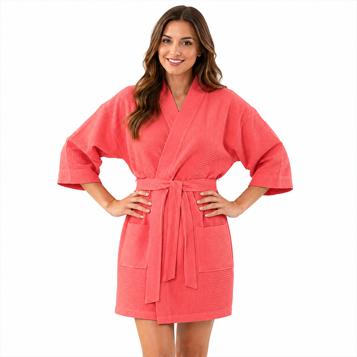 Lightweight Short Length Kimono Style Bathrobe With Tie Belt Closure For Women