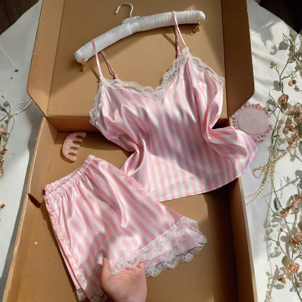 Vertical Stripe Lace Trim Satin Cami Top And Shorts Pajama Set For Women
