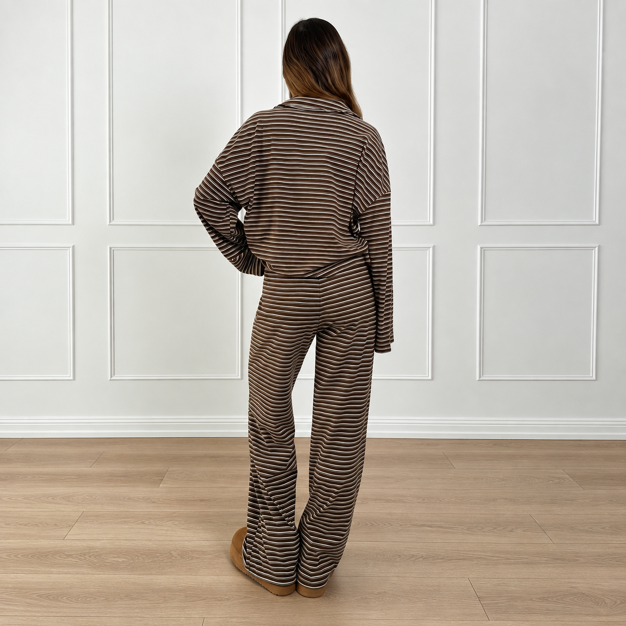 Striped Long Sleeve Top and Elastic Pants 2 Piece Casual Travel Set for Women
