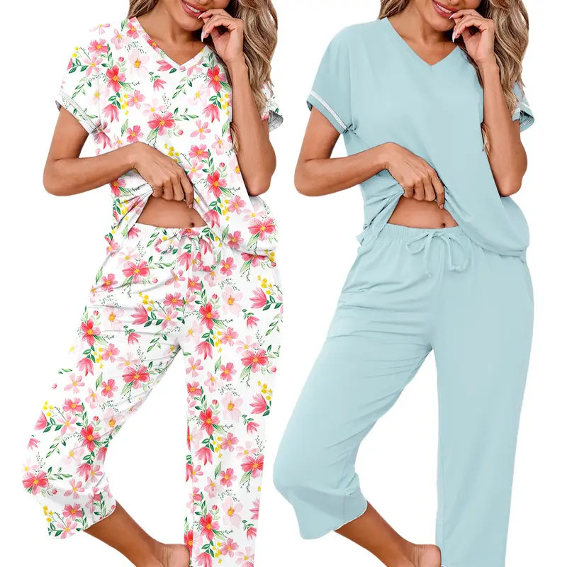 Pack of 2 Short Sleeve Capri Pajama Set with Pockets for Women