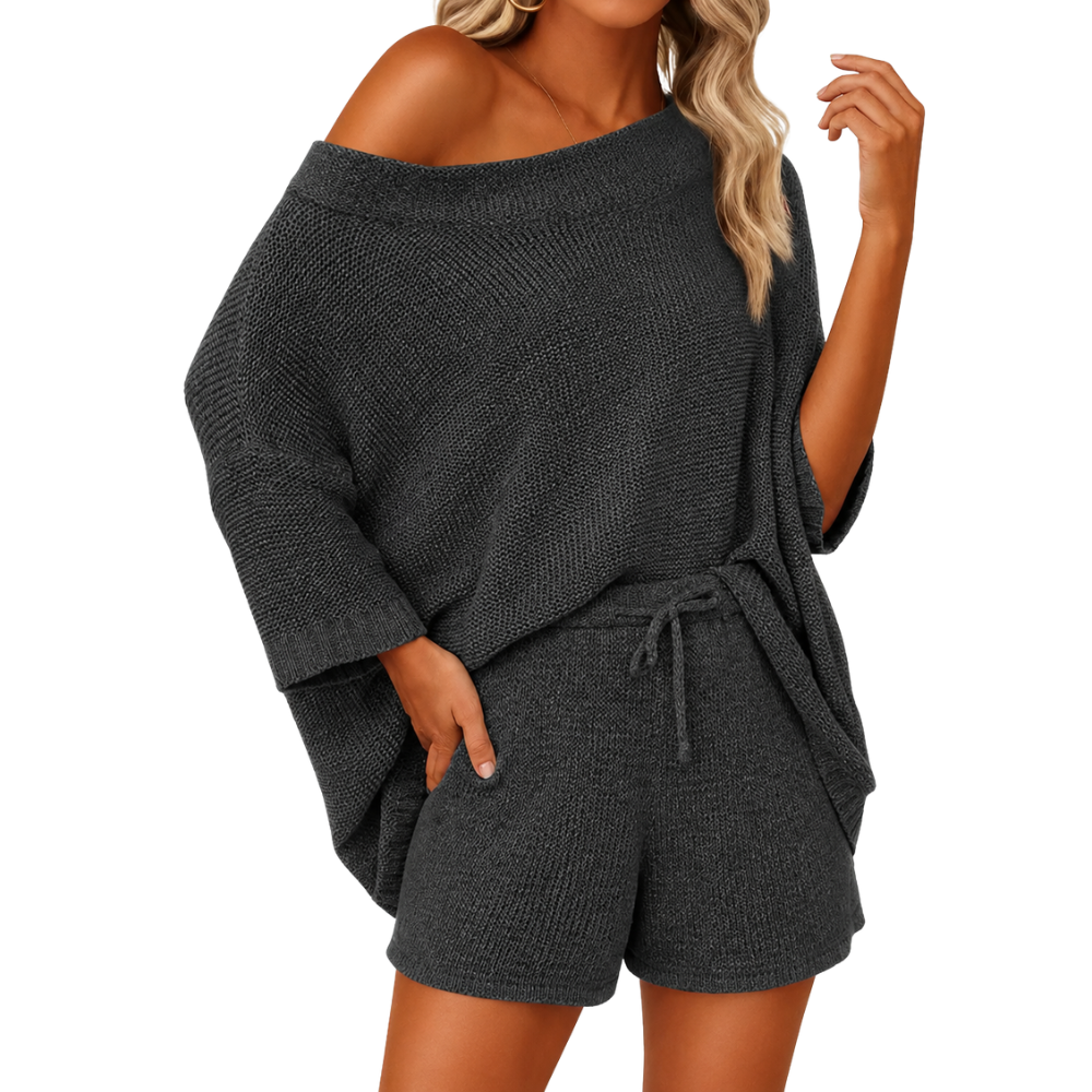 2 Piece Lounge Set With Oversized Top And Drawstring Shorts  For Women