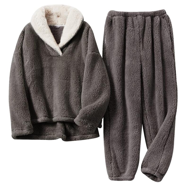 2 Piece Of Fluffy Long Sleeve Sleepwear Pajama Set With Pullover Pants For Women