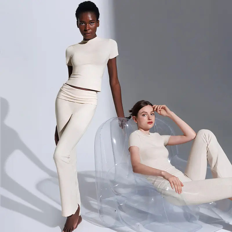 Casual Lounge Set With Short Sleeve Top And Flare Pants For Women