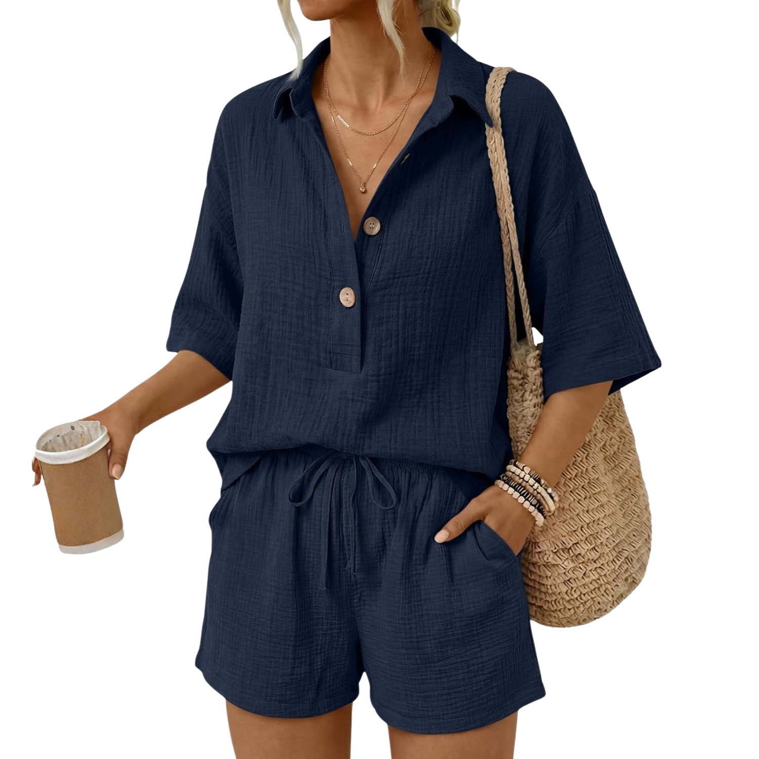 Linen Short Sleeve Summer Vacation Beach Short Sets For Women