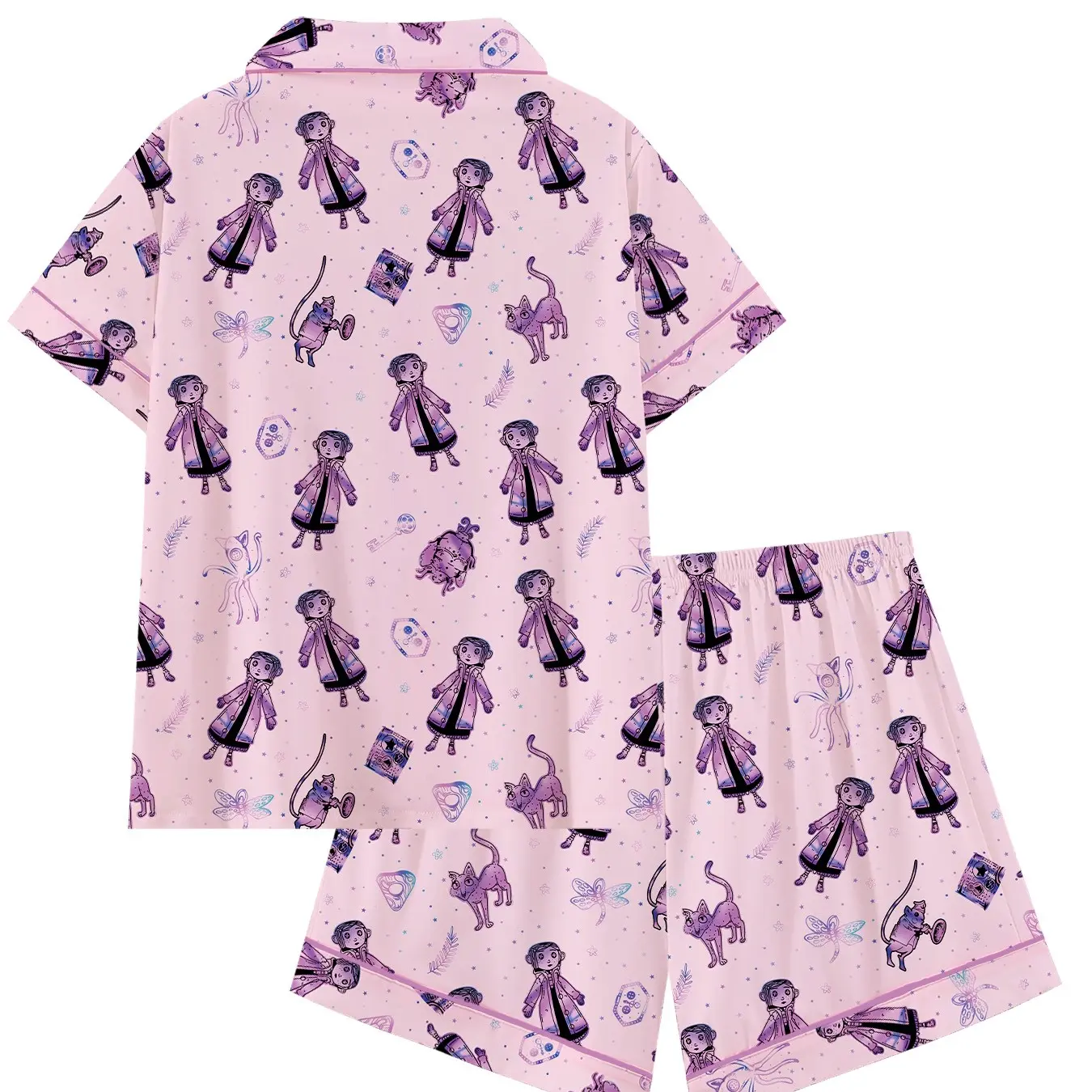2 Pieces Cartoon Printed Button Front Sleepwear Set For Women