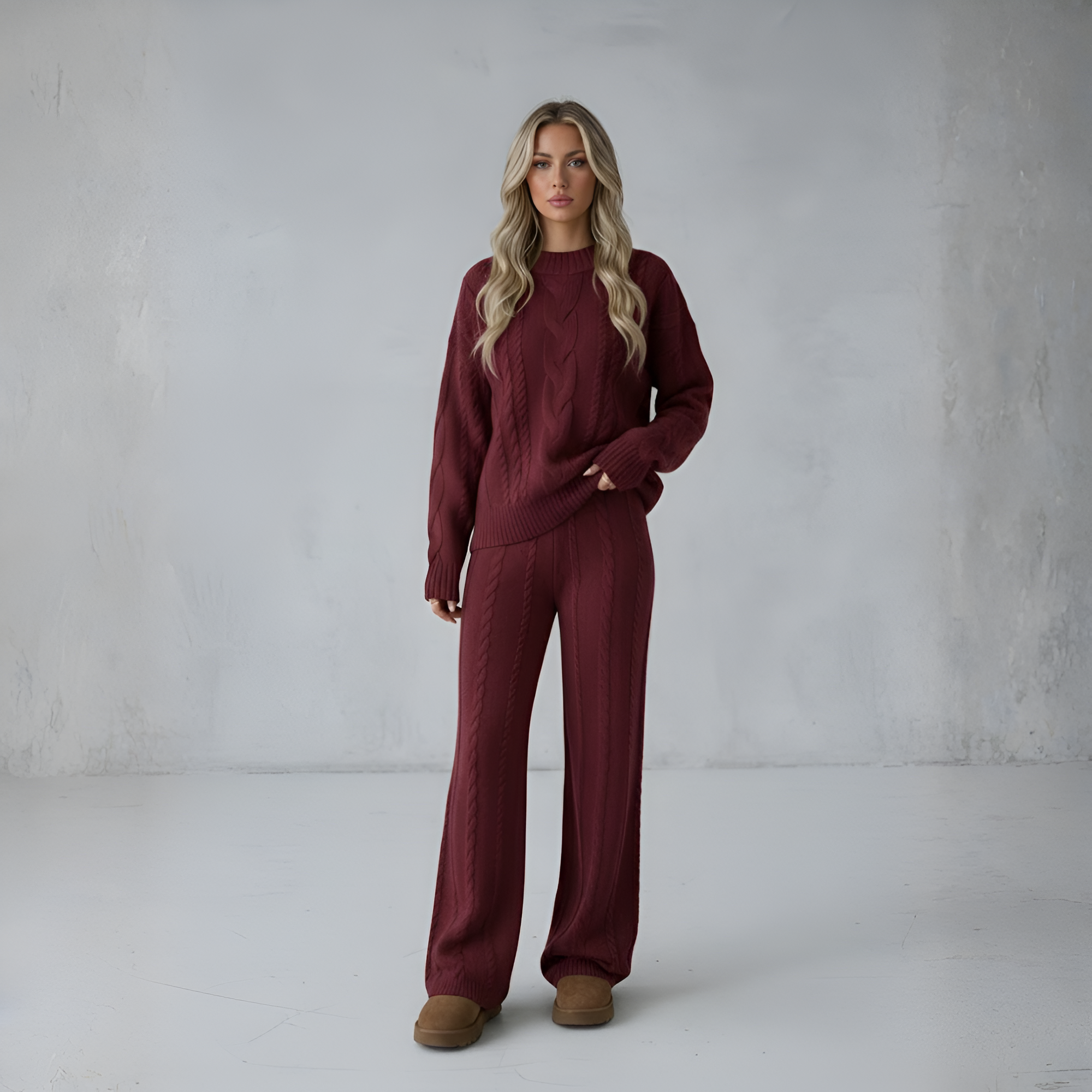 Women's Winter Solid Color Round Neck Long Sleeve Simple Top And Pants Casual 2pcs Set, Winter Clothing