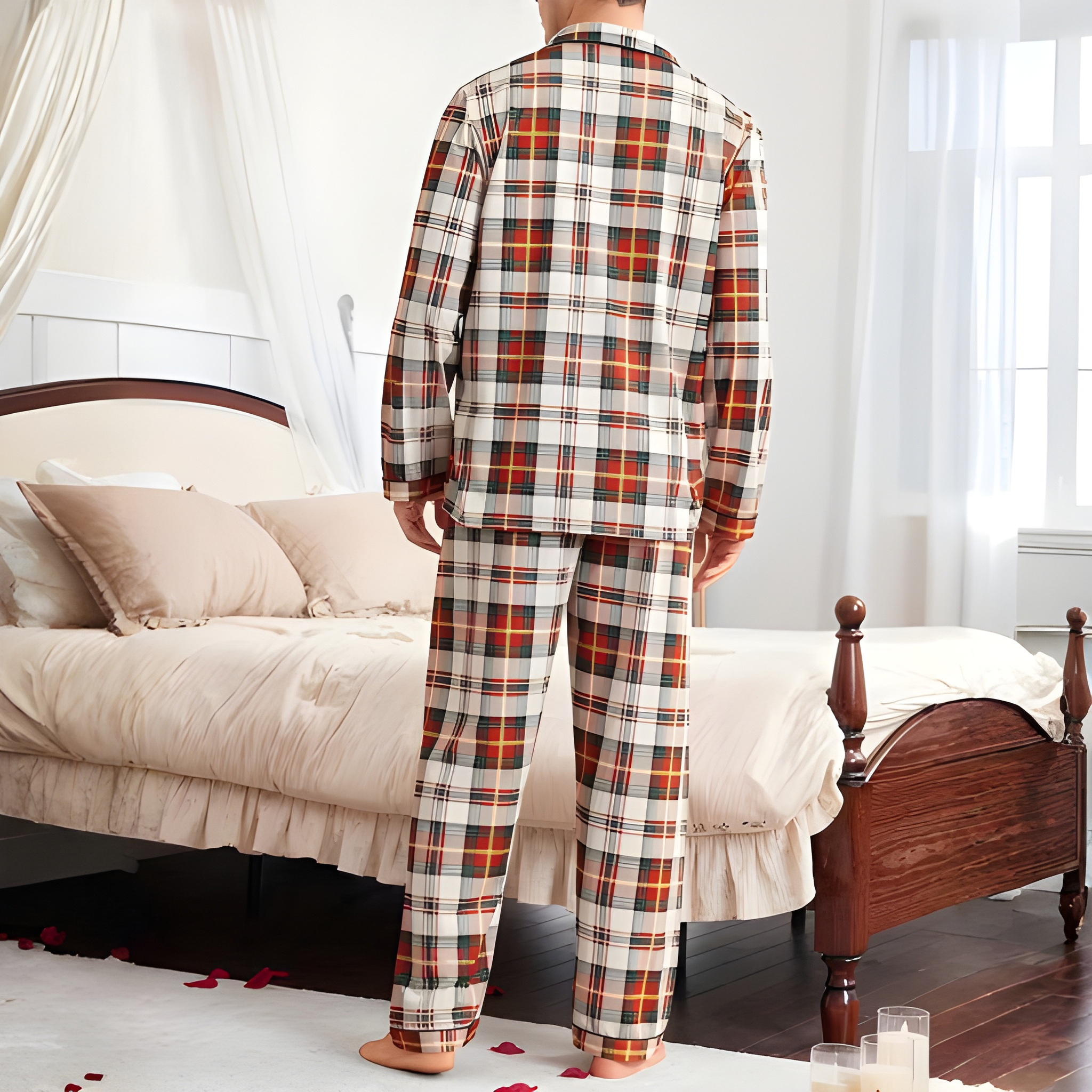 Plaid Pattern Long Sleeve Matching Pajama Set For Couple