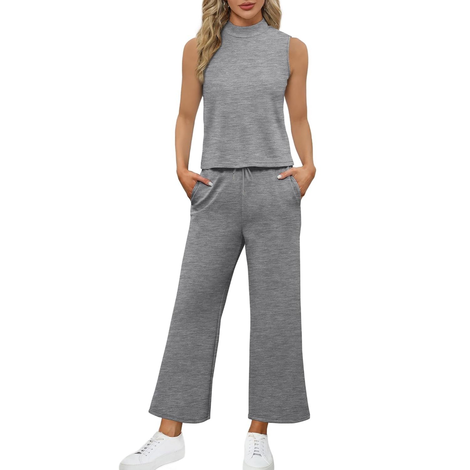 2 Pieces Mock Top And Wide Crop Pants Lounge Set For Women
