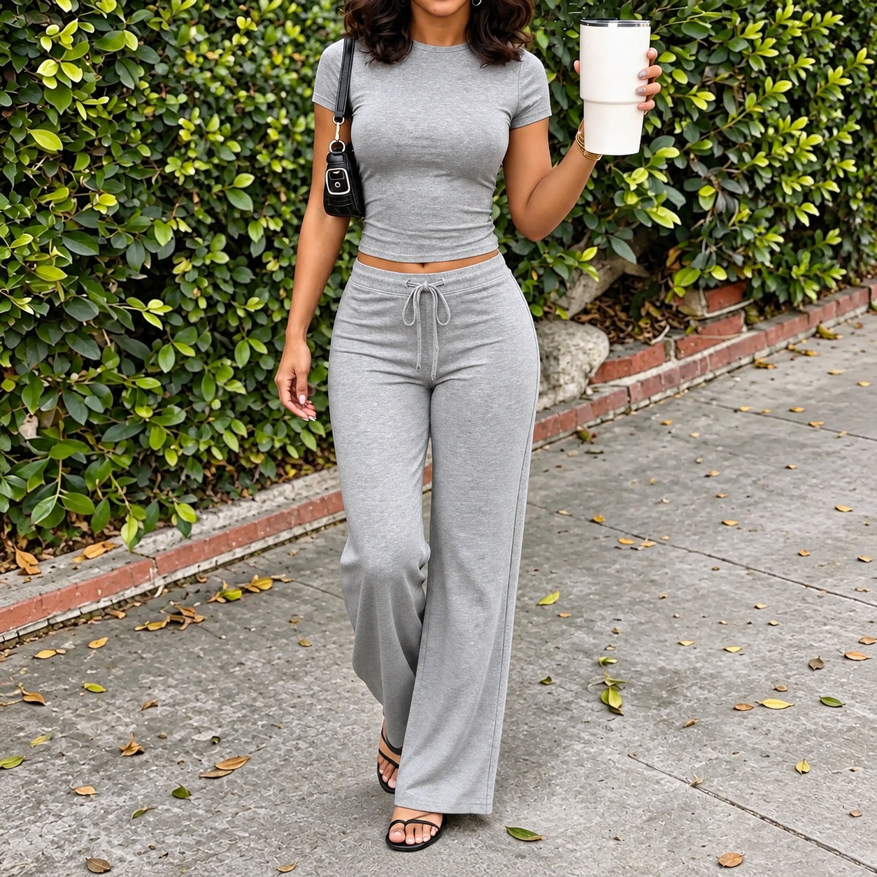 Short Sleeve T Shirt and Straight Pants 2 Piece Casual Set for Women