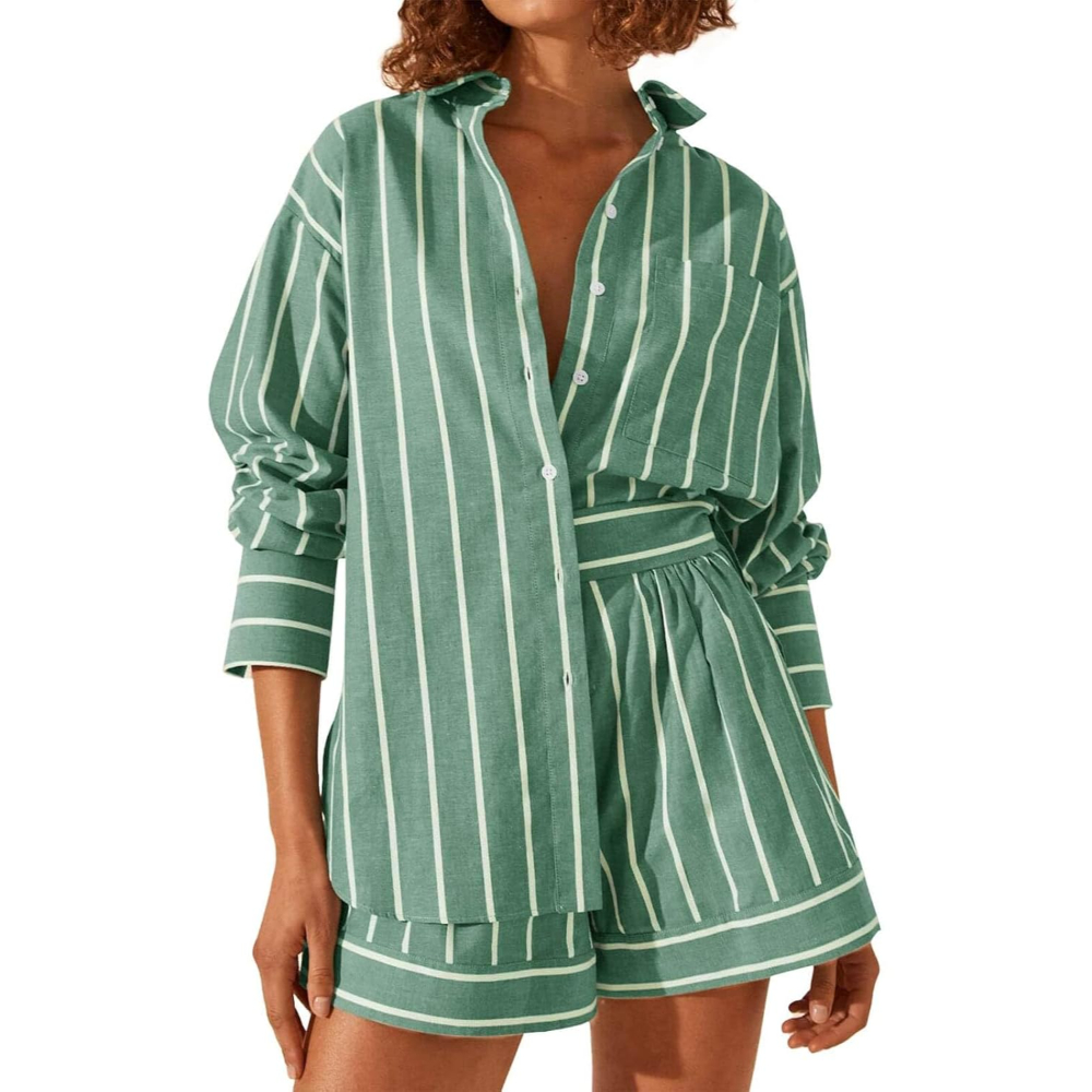 Striped Sleeve Down Collared Shirt Sets For Women