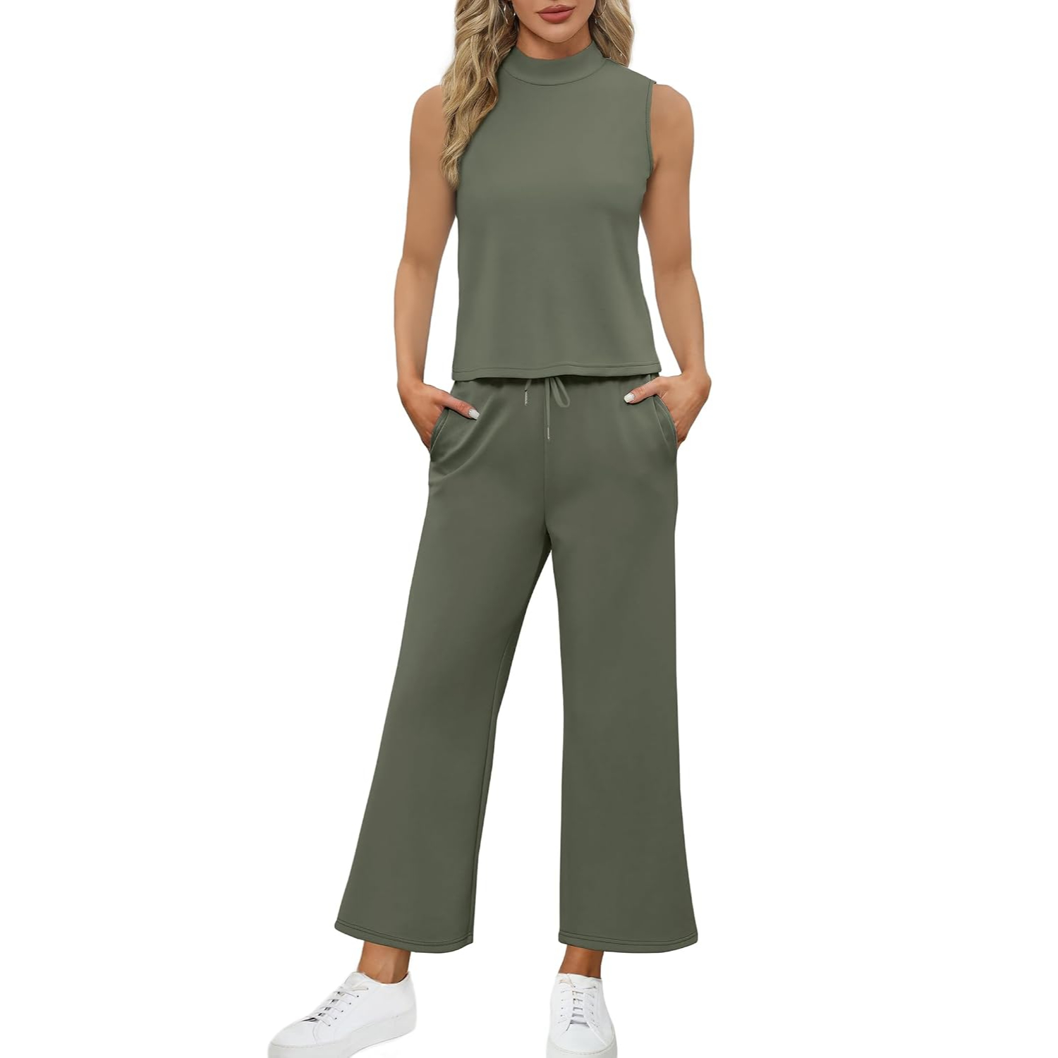 2 Pieces Mock Top And Wide Crop Pants Lounge Set For Women