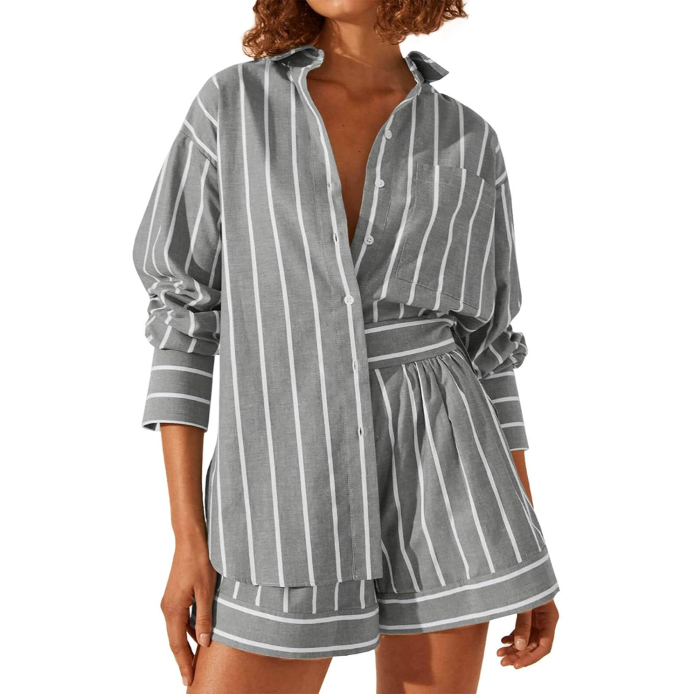 Striped Sleeve Down Collared Shirt Sets For Women