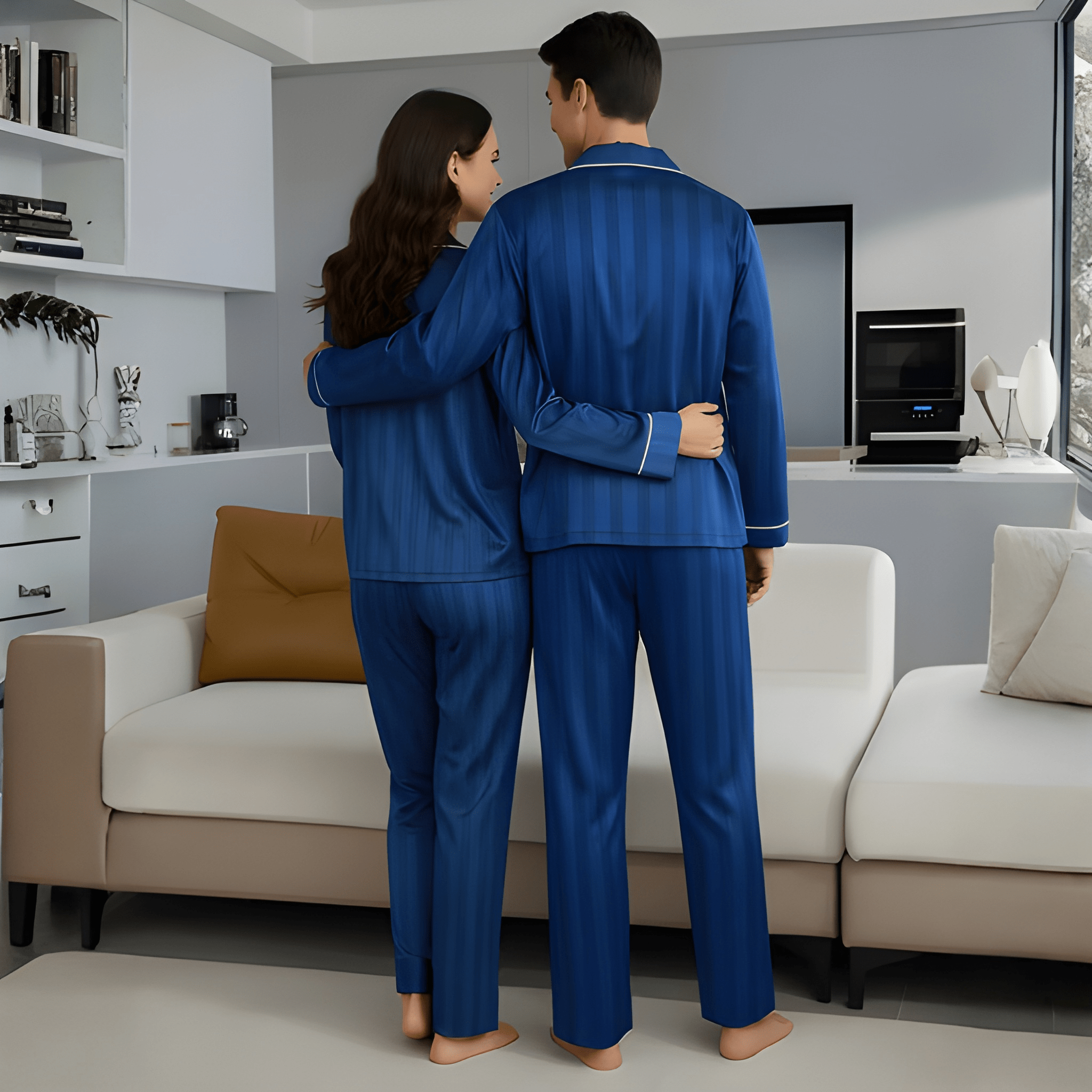 Two Piece Striped Embroidered Matching Pajama Set For Couple