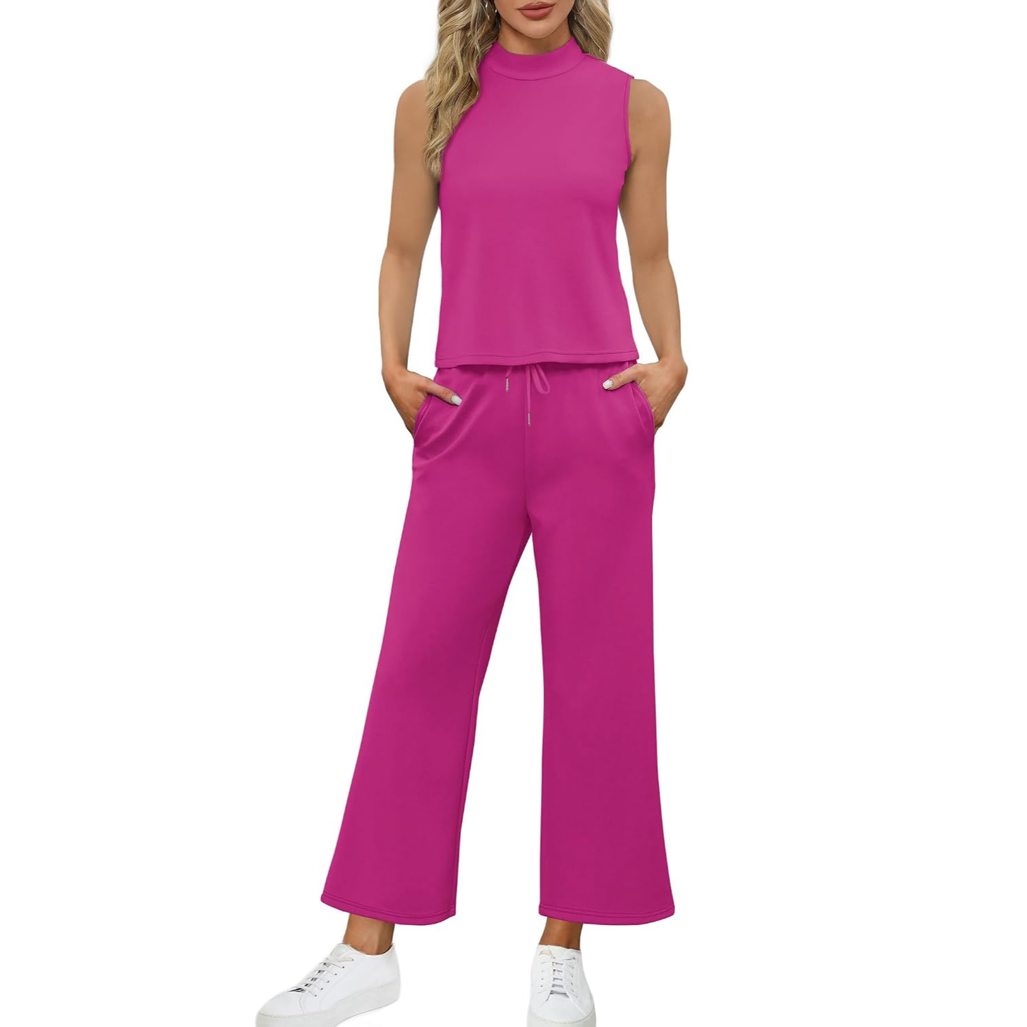 2 Pieces Mock Top And Wide Crop Pants Lounge Set For Women