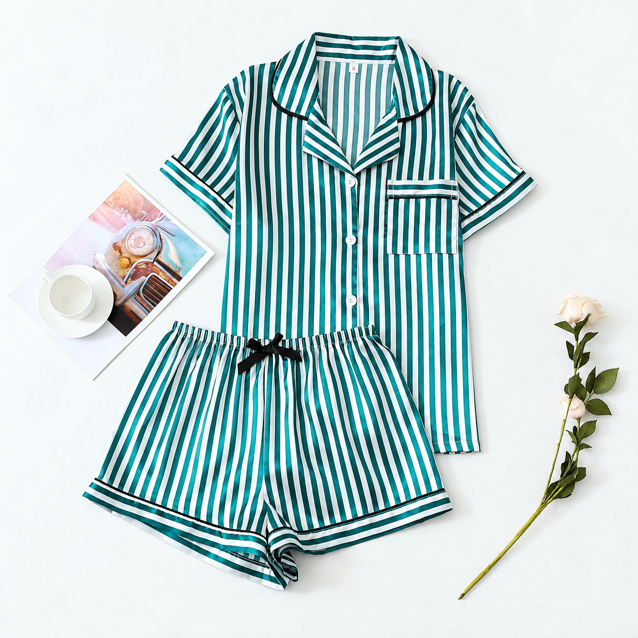 2 Piece Satin Trim Collar Short Sleeve Top And Bow Tie Striped Shorts Pajama Set For Women Summer Loungewear