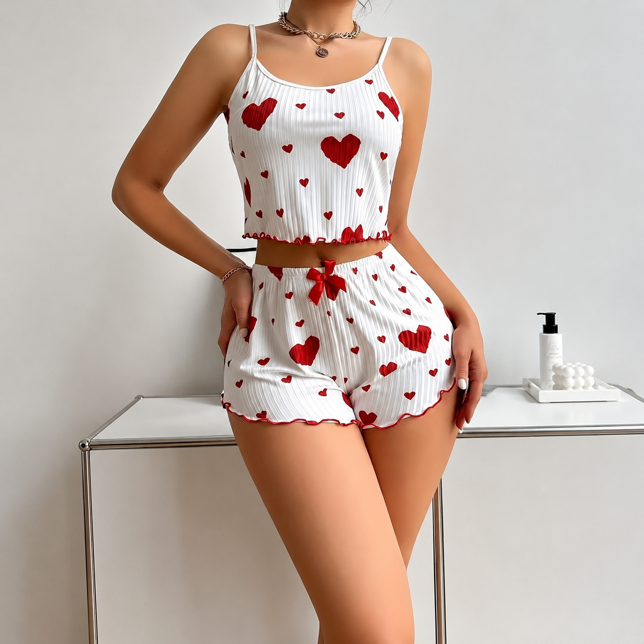 Casual Printed Ribbed Cami And Shorts Pajama Lounge Set For Women