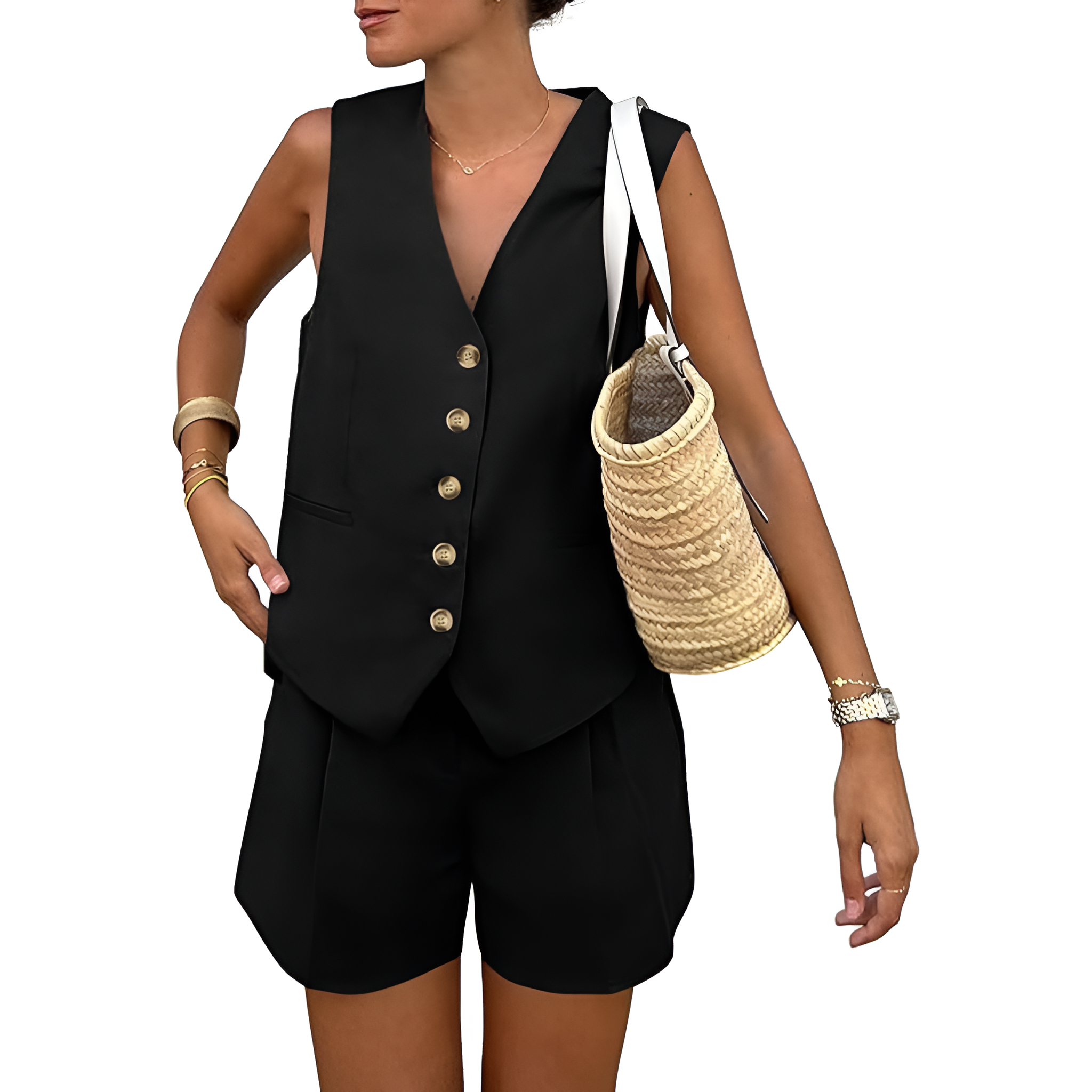 2 Pieces Of Summer Wear Sleeveless Button Down Vest And Shorts Matching Set