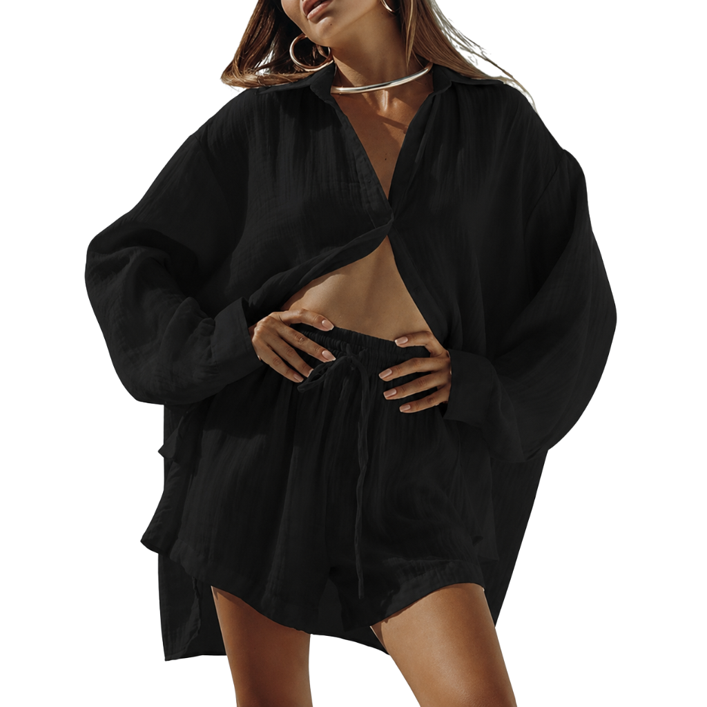 2 Piece Of Long Sleeve Button Down Blouse And Shorts Sweatsuit Sets For Women