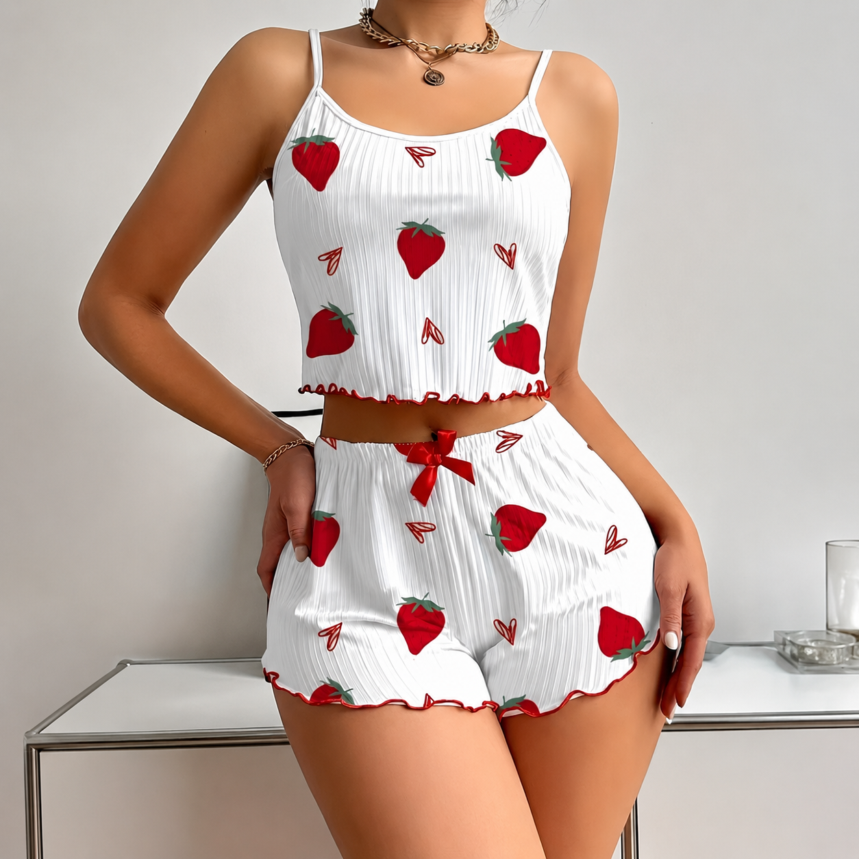 Casual Printed Ribbed Cami And Shorts Pajama Lounge Set For Women