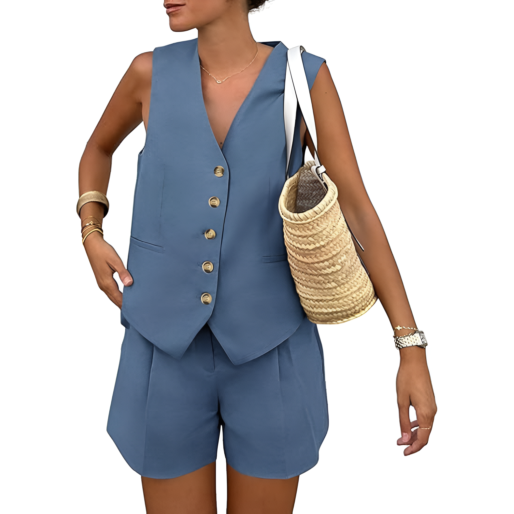 2 Pieces Of Summer Wear Sleeveless Button Down Vest And Shorts Matching Set