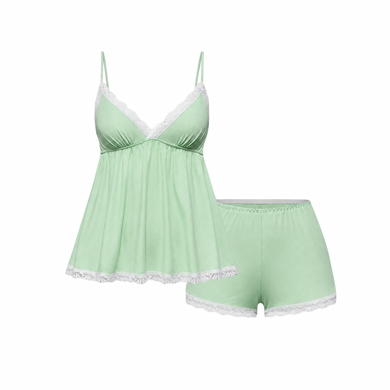 Ribbed Lace Camisole and Shorts 2 Piece Pajama Set for Women