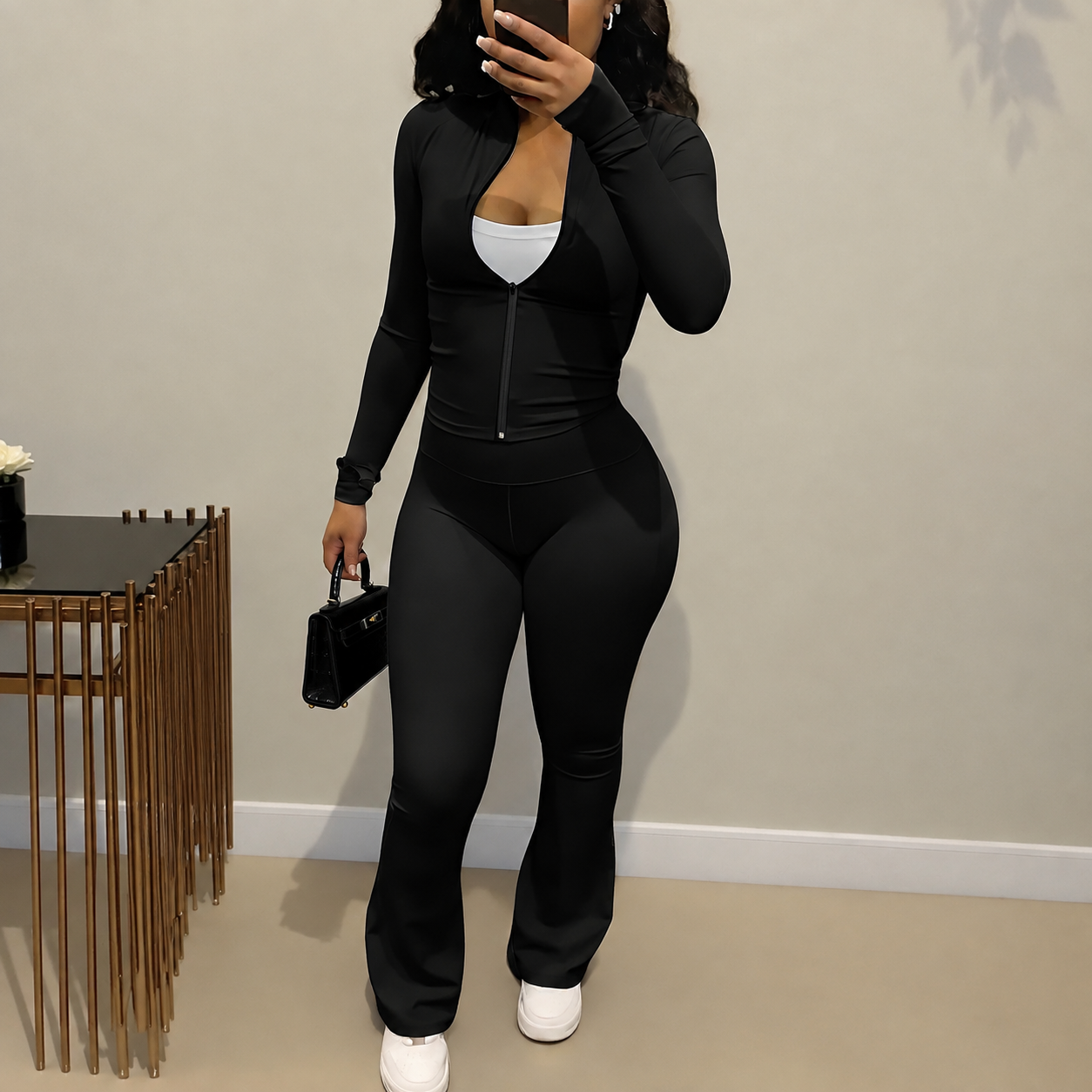 Zip Up Fitted Cardigan Top and Wide Cut Pants 2 Piece Set for Women