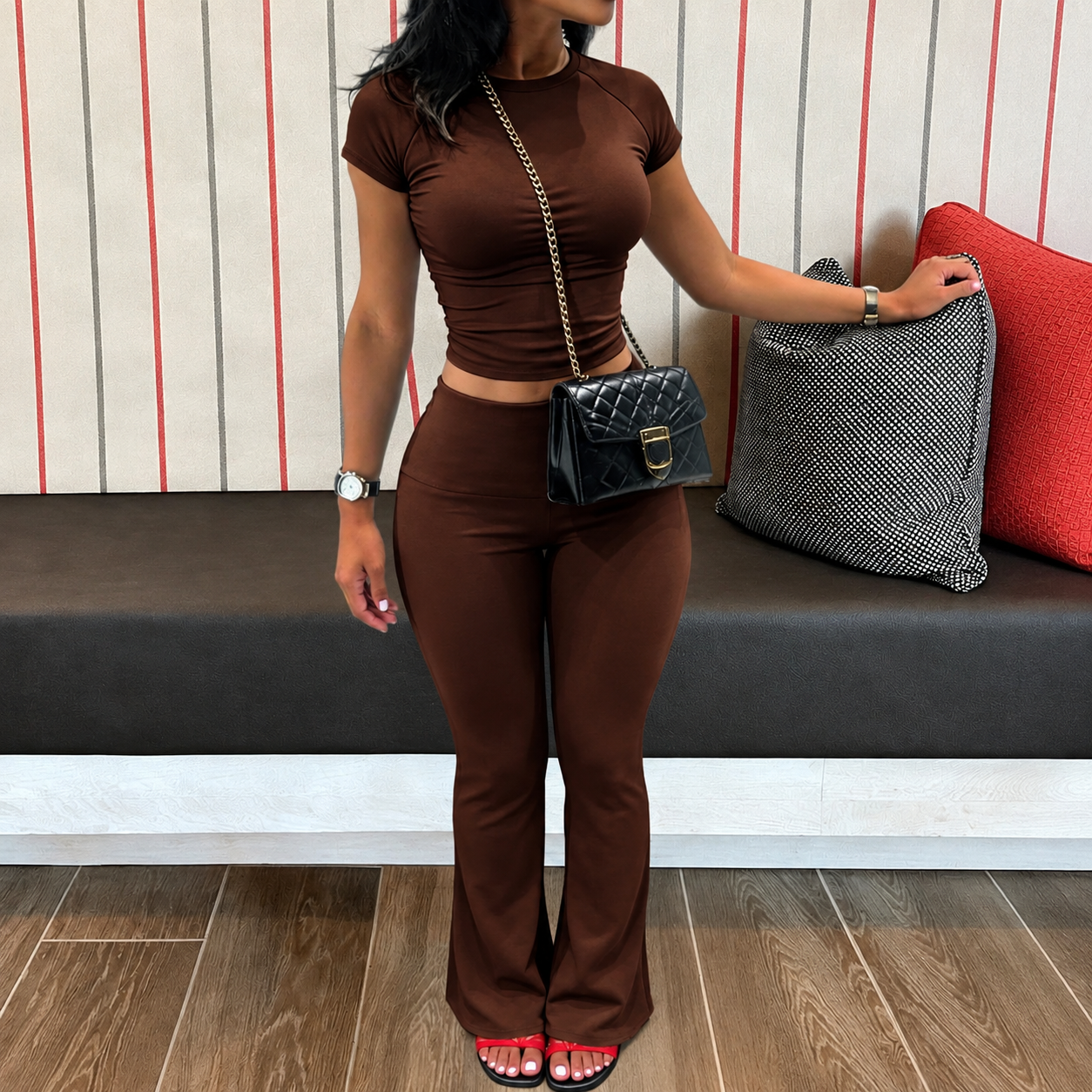 2 Piece Short Sleeve Top And Pant Set For Women