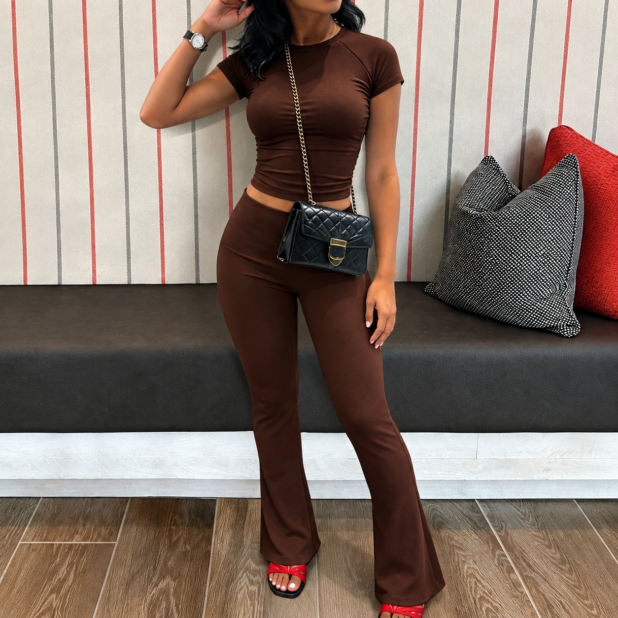 2 Piece Short Sleeve Top And Pant Set For Women