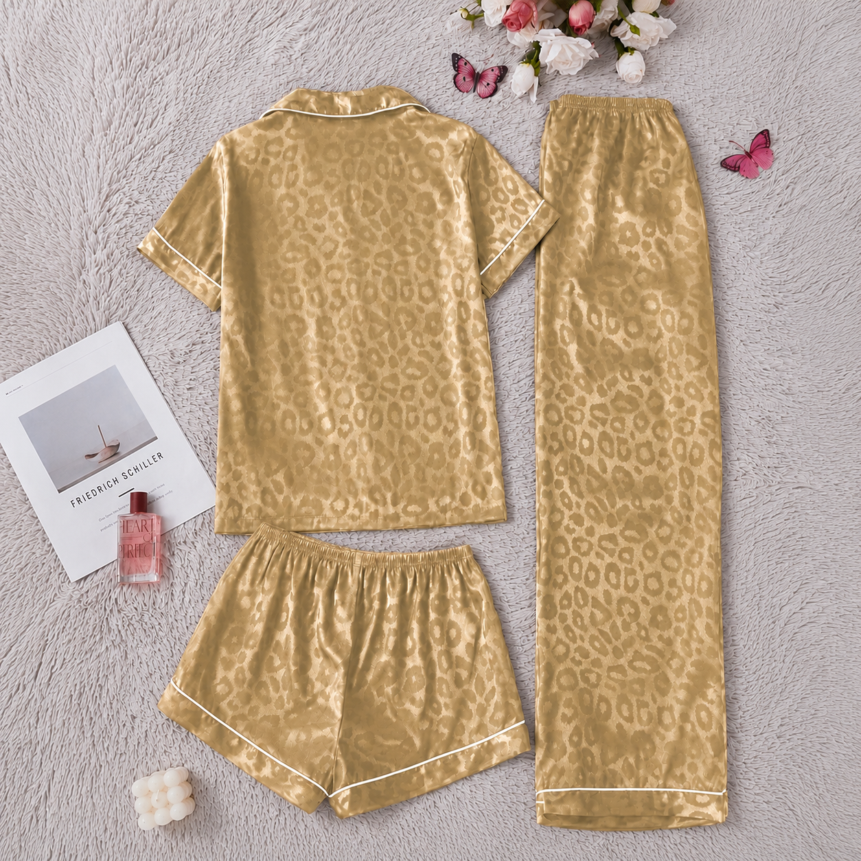 3 Piece Of Printed Short Sleeve Sleep Pajama Set With Shorts And Full Length Pants For Women