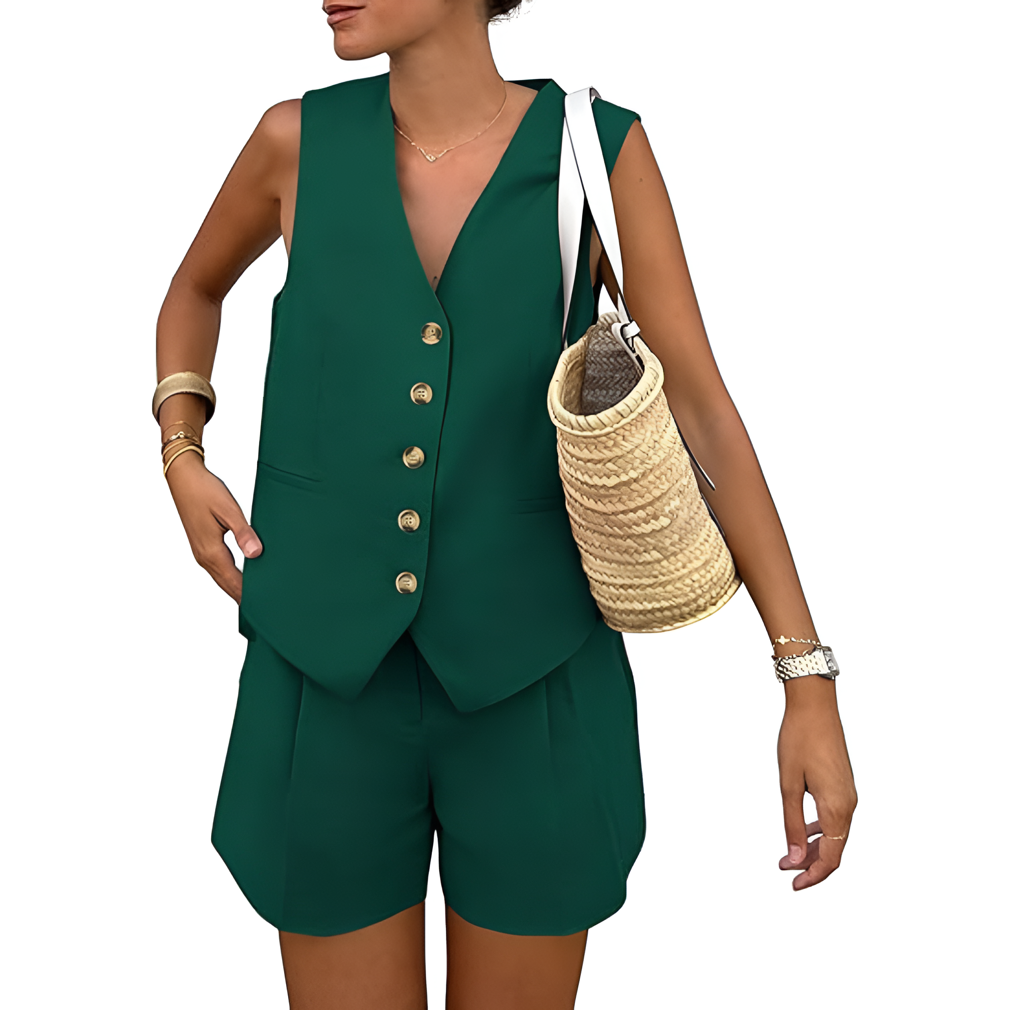 2 Pieces Of Summer Wear Sleeveless Button Down Vest And Shorts Matching Set