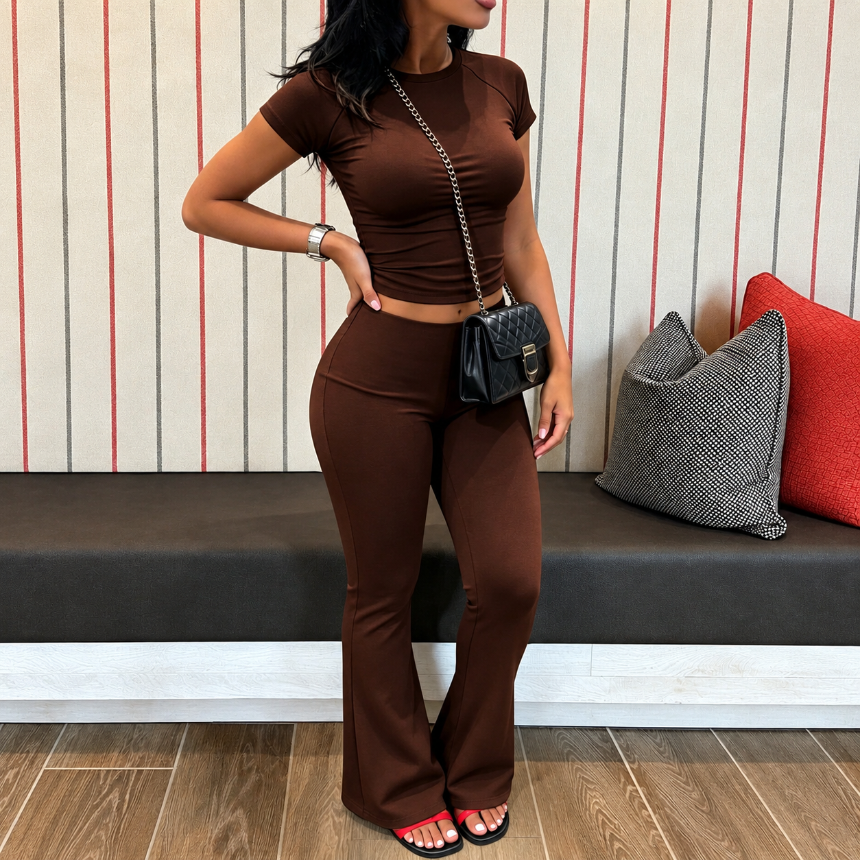 2 Piece Short Sleeve Top And Pant Set For Women