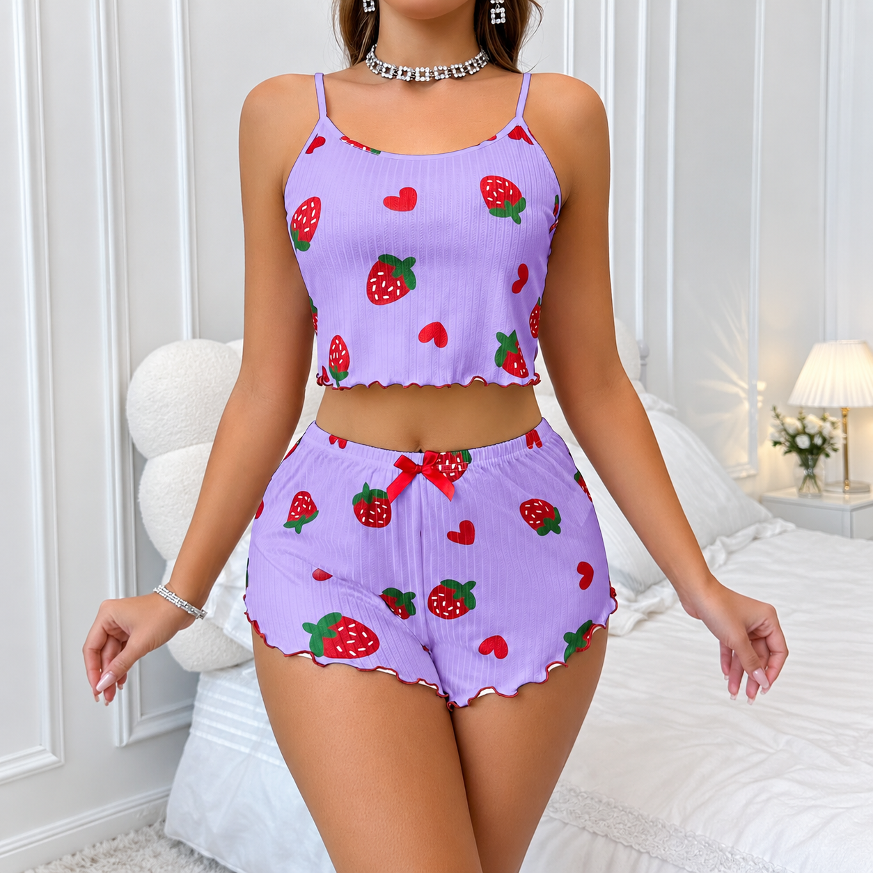 Jacquard Print Ruffle Trim Camisole and Shorts 2 Piece Pajama Set for Women
