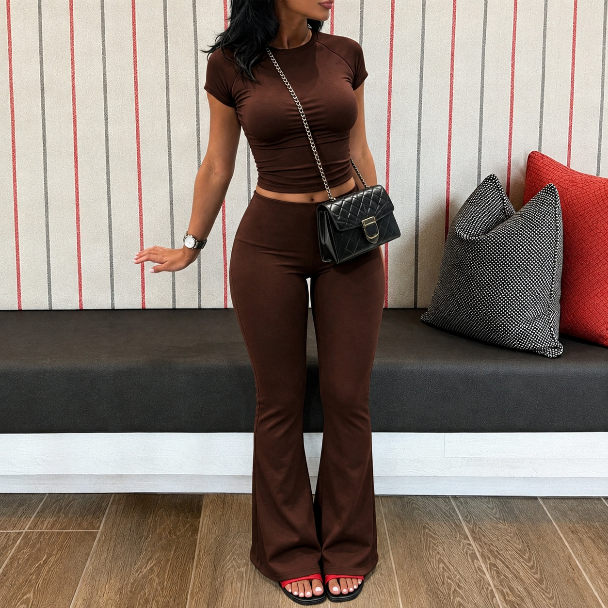 2 Piece Short Sleeve Top And Pant Set For Women