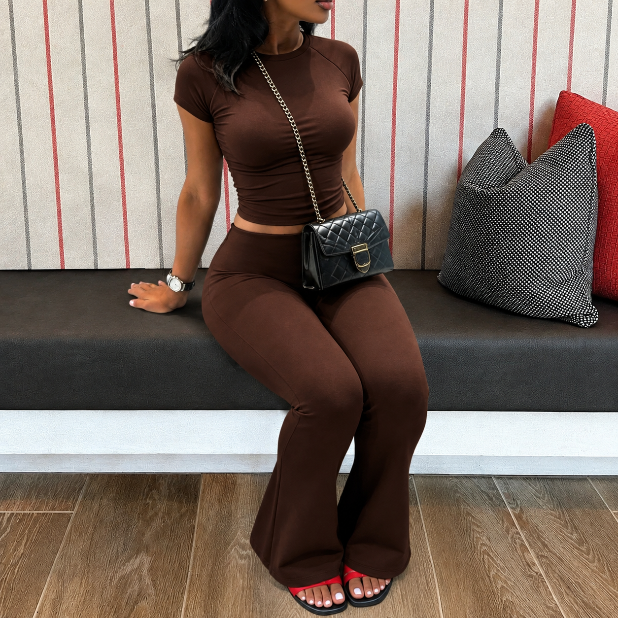 2 Piece Short Sleeve Top And Pant Set For Women