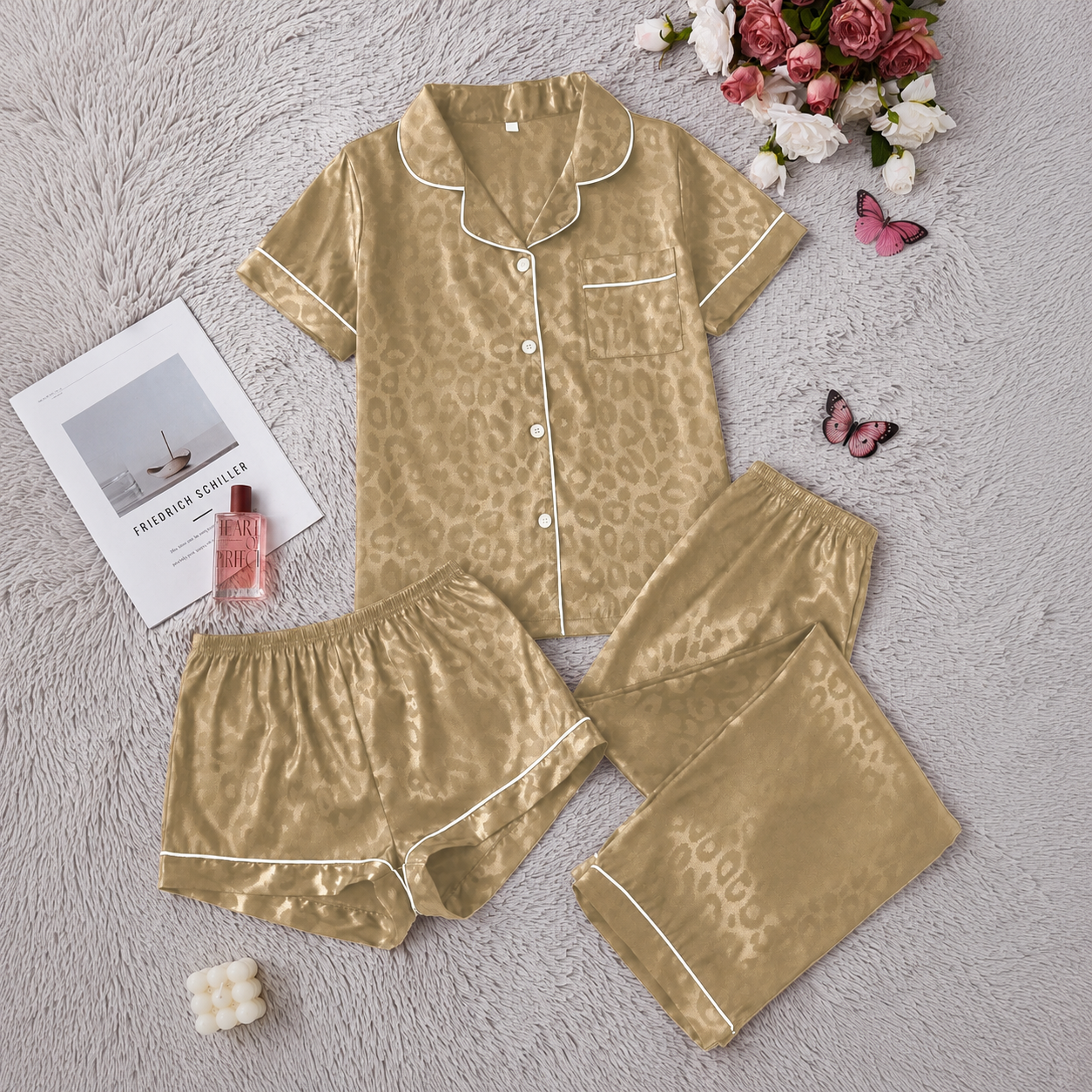 3 Piece Of Printed Short Sleeve Sleep Pajama Set With Shorts And Full Length Pants For Women