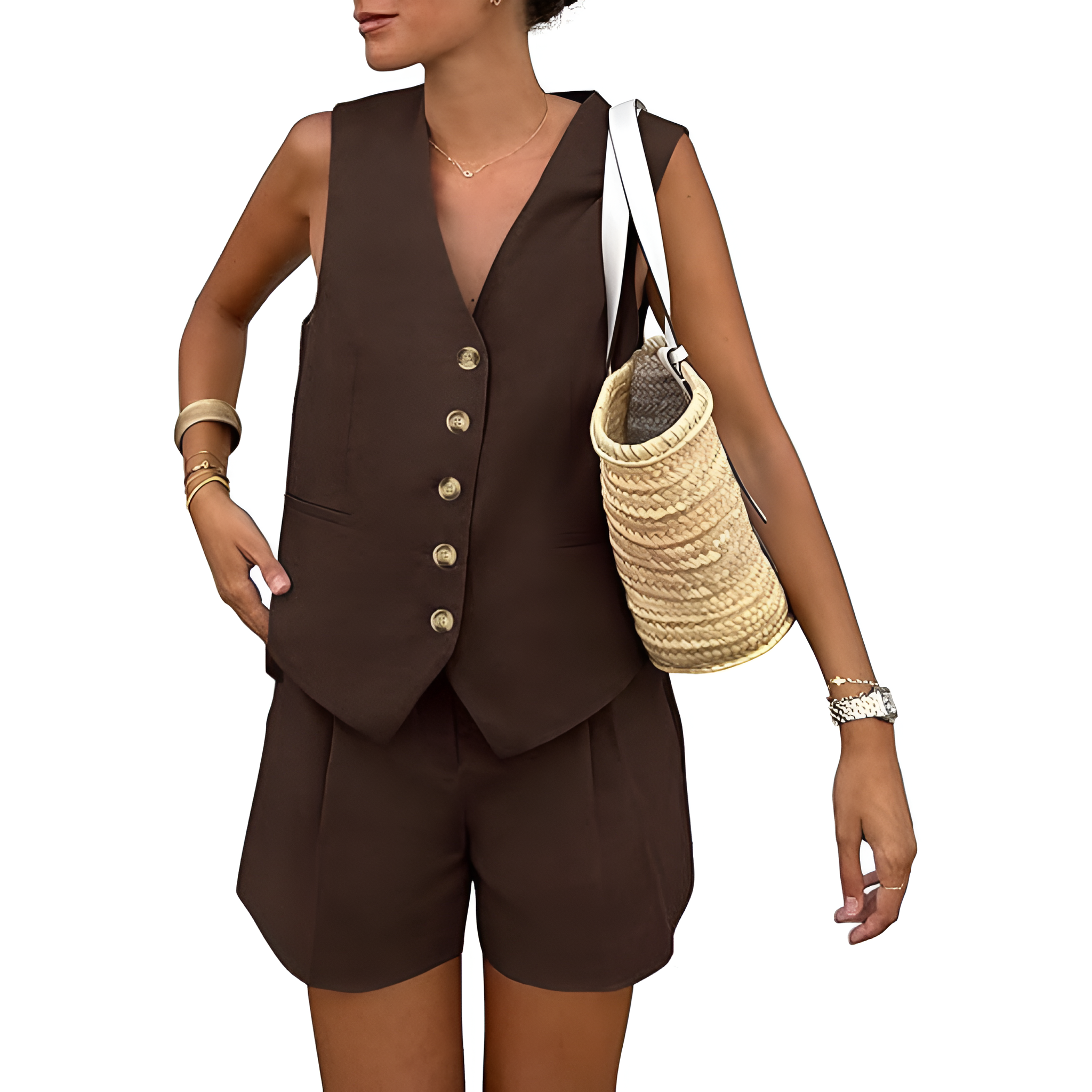 2 Pieces Of Summer Wear Sleeveless Button Down Vest And Shorts Matching Set
