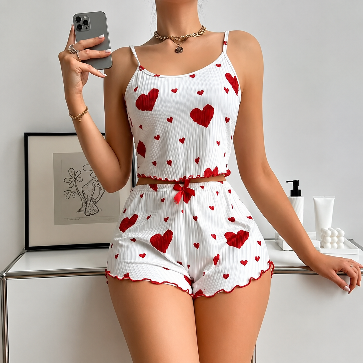 Casual Printed Ribbed Cami And Shorts Pajama Lounge Set For Women