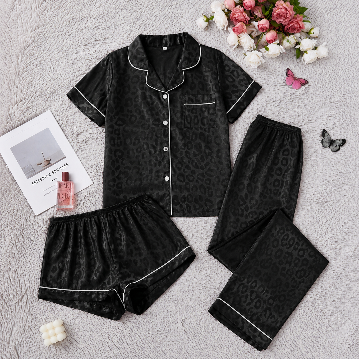 3 Piece Of Printed Short Sleeve Sleep Pajama Set With Shorts And Full Length Pants For Women