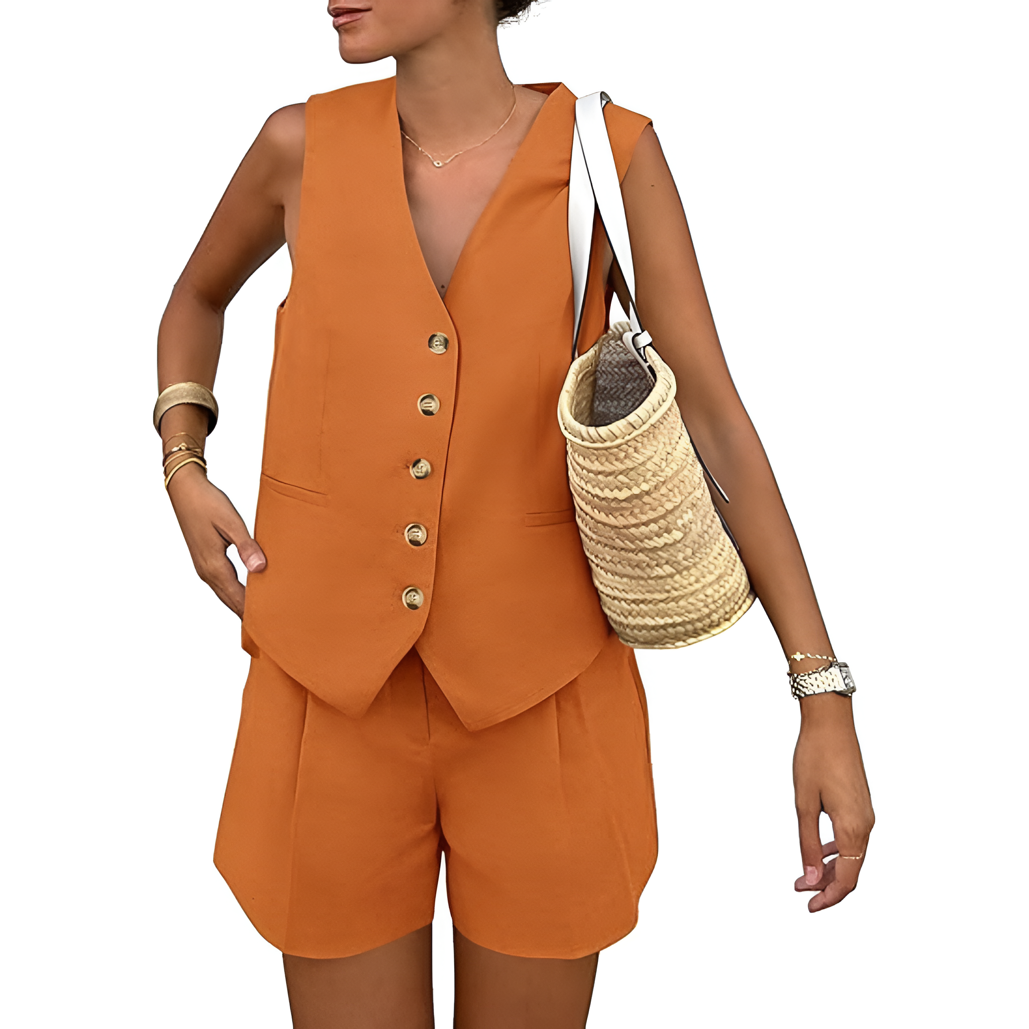 2 Pieces Of Summer Wear Sleeveless Button Down Vest And Shorts Matching Set