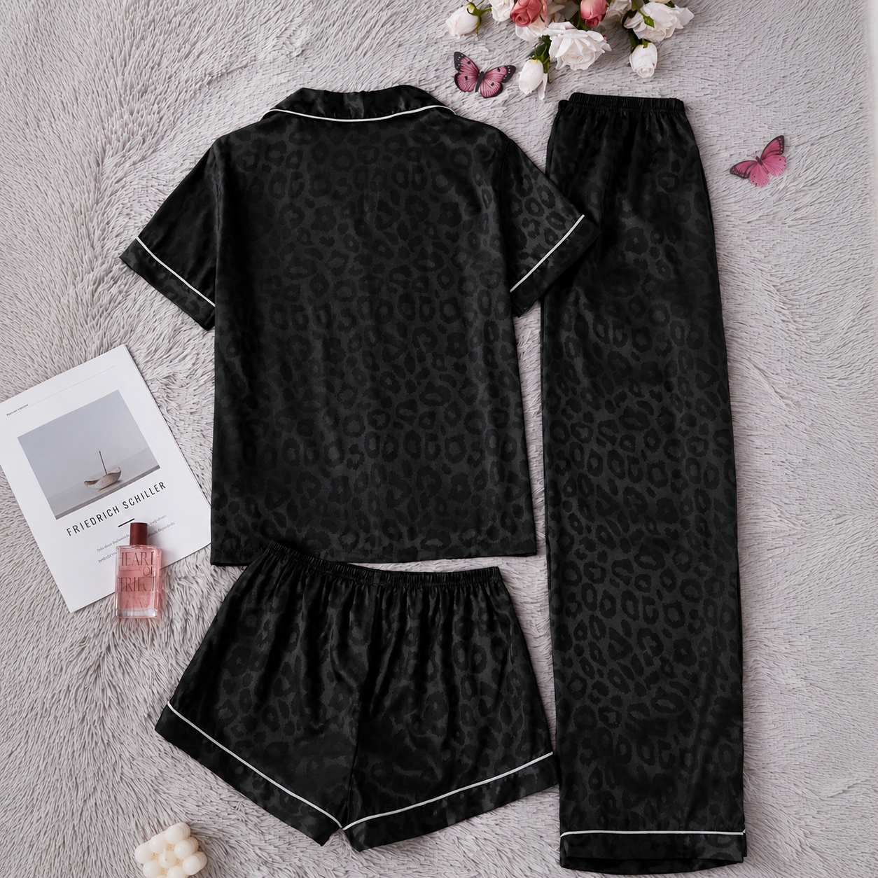 3 Piece Of Printed Short Sleeve Sleep Pajama Set With Shorts And Full Length Pants For Women