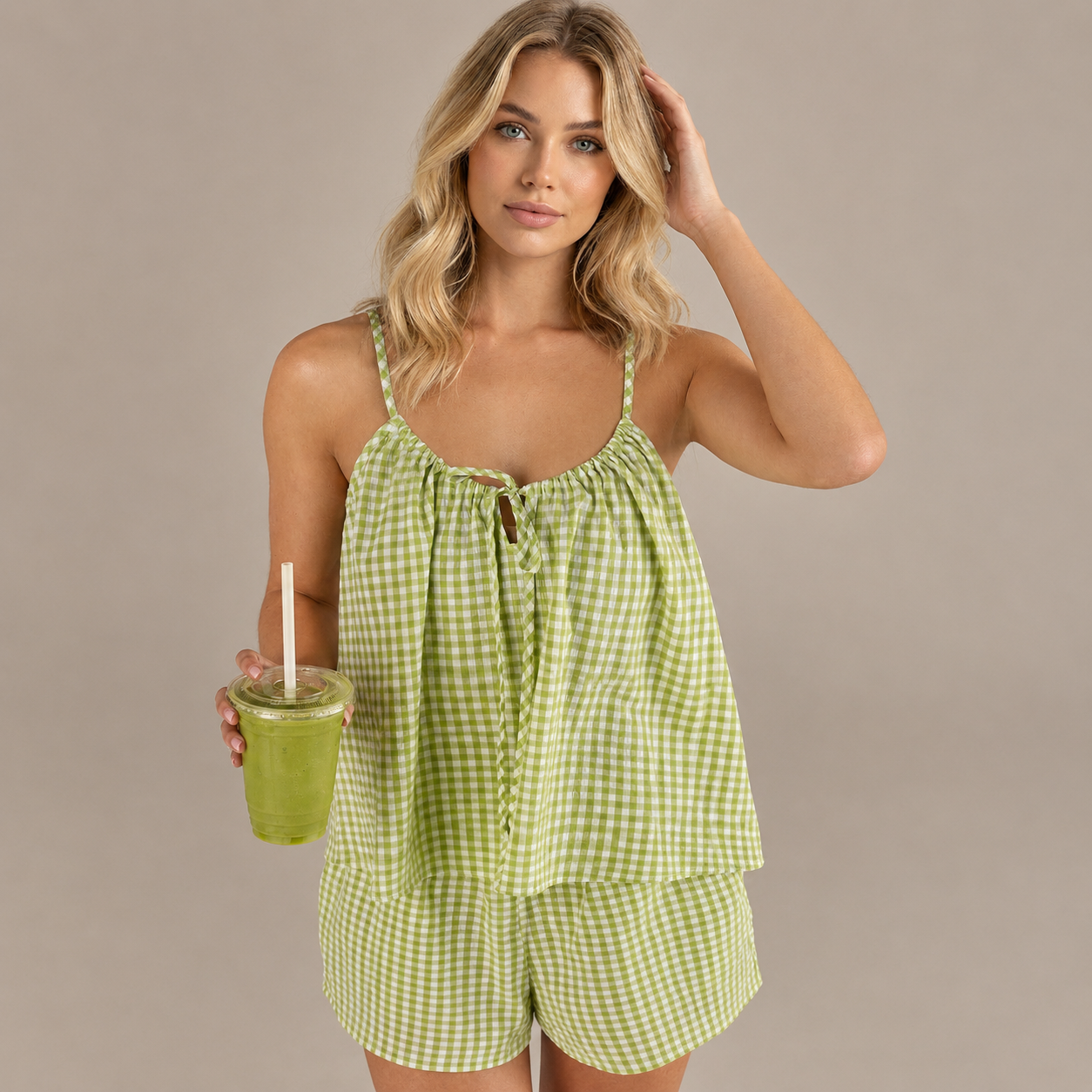 Plaid Front Tie Strap Top and Shorts 2 Piece Pajama Set for Women
