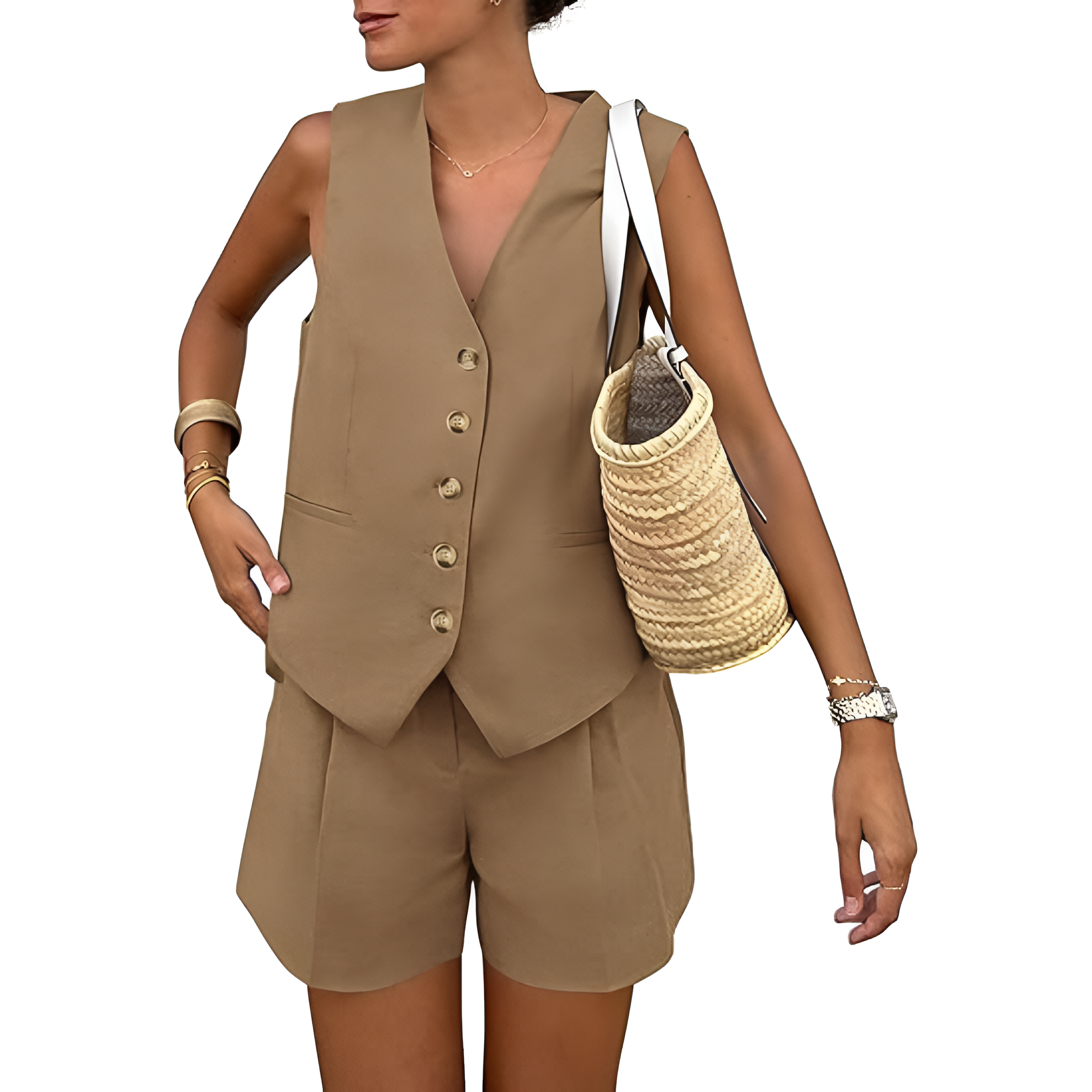 2 Pieces Of Summer Wear Sleeveless Button Down Vest And Shorts Matching Set