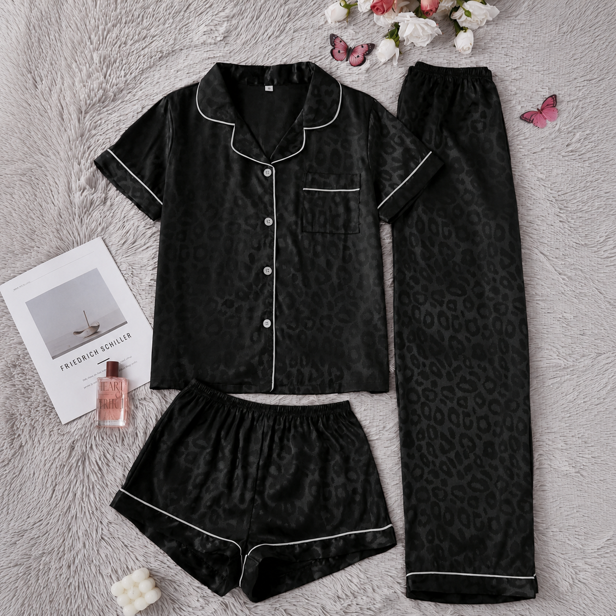 3 Piece Of Printed Short Sleeve Sleep Pajama Set With Shorts And Full Length Pants For Women