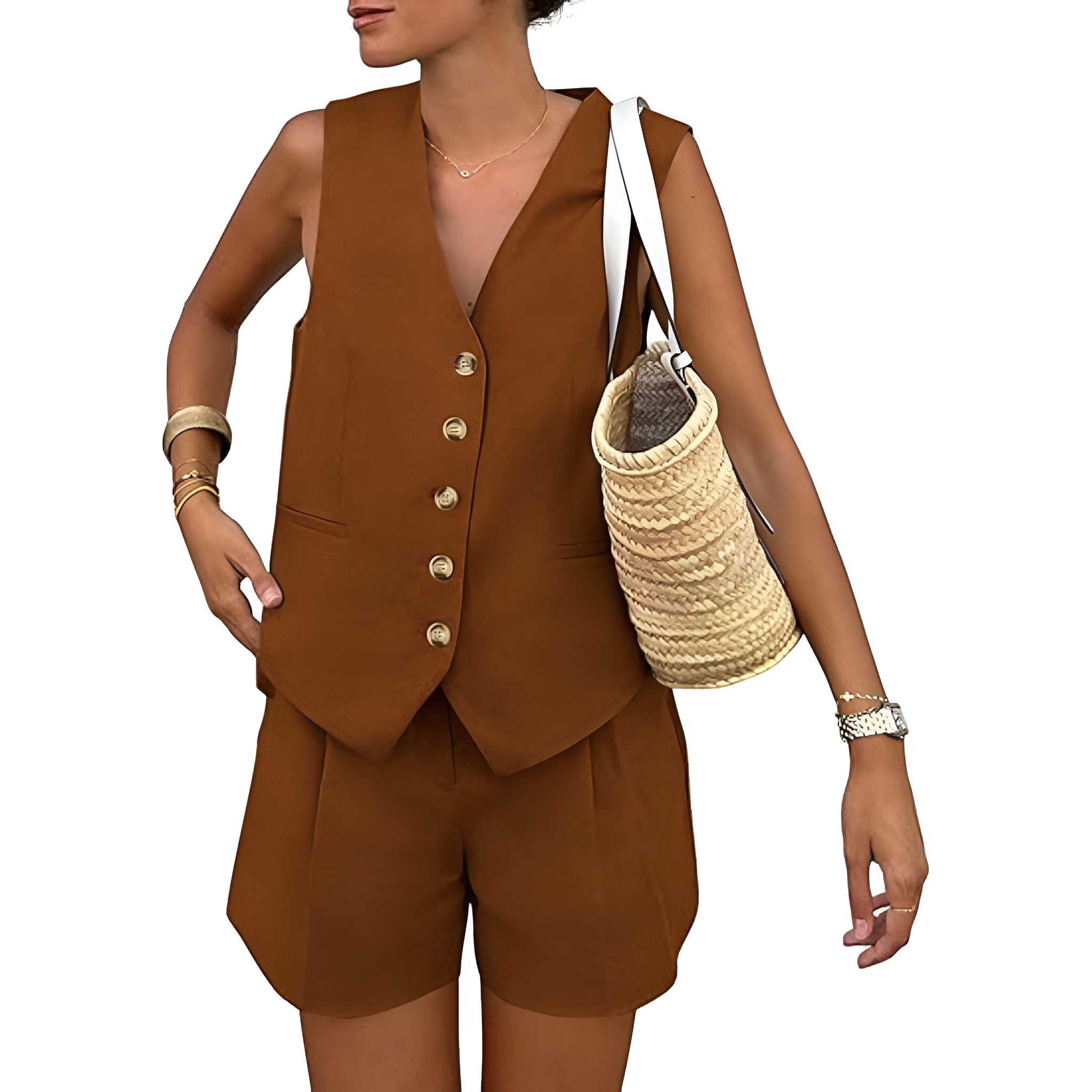 2 Pieces Of Summer Wear Sleeveless Button Down Vest And Shorts Matching Set