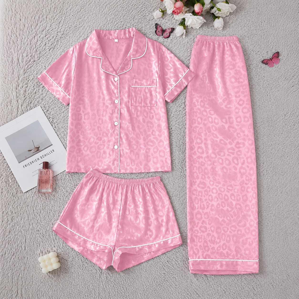 3 Piece Of Printed Short Sleeve Sleep Pajama Set With Shorts And Full Length Pants For Women