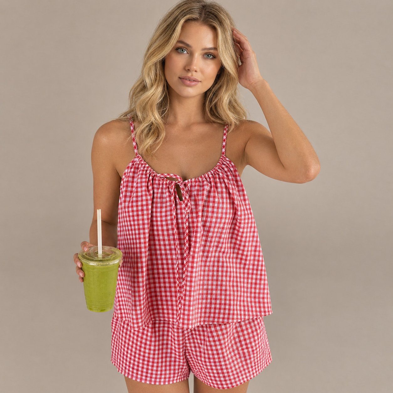 Plaid Front Tie Strap Top and Shorts 2 Piece Pajama Set for Women