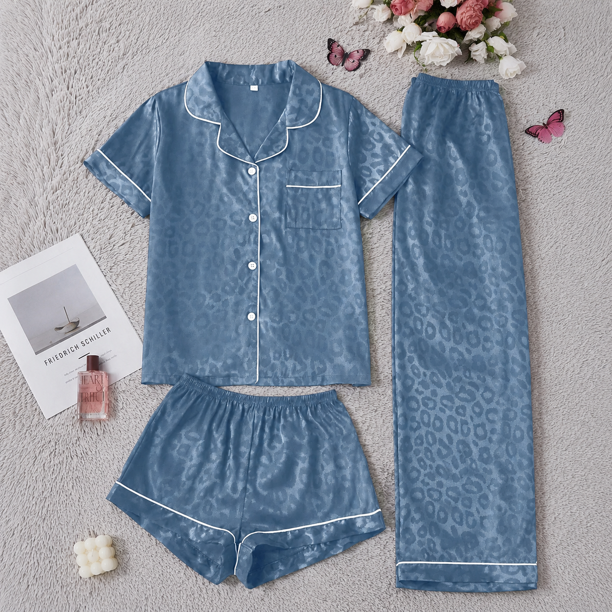 3 Piece Of Printed Short Sleeve Sleep Pajama Set With Shorts And Full Length Pants For Women