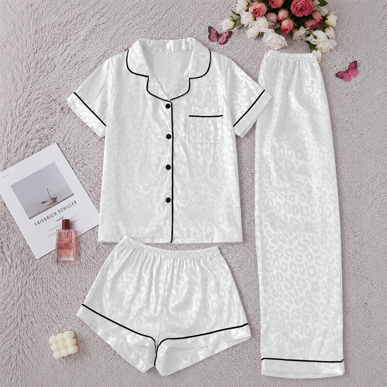 3 Piece Of Printed Short Sleeve Sleep Pajama Set With Shorts And Full Length Pants For Women