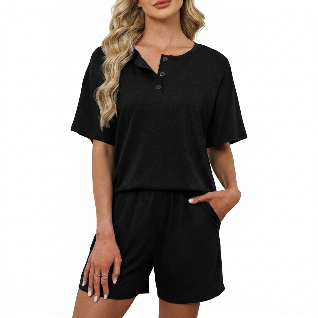 2 Piece Of Button Down Short Sleeve Tops And Shorts Set With Pockets For Women